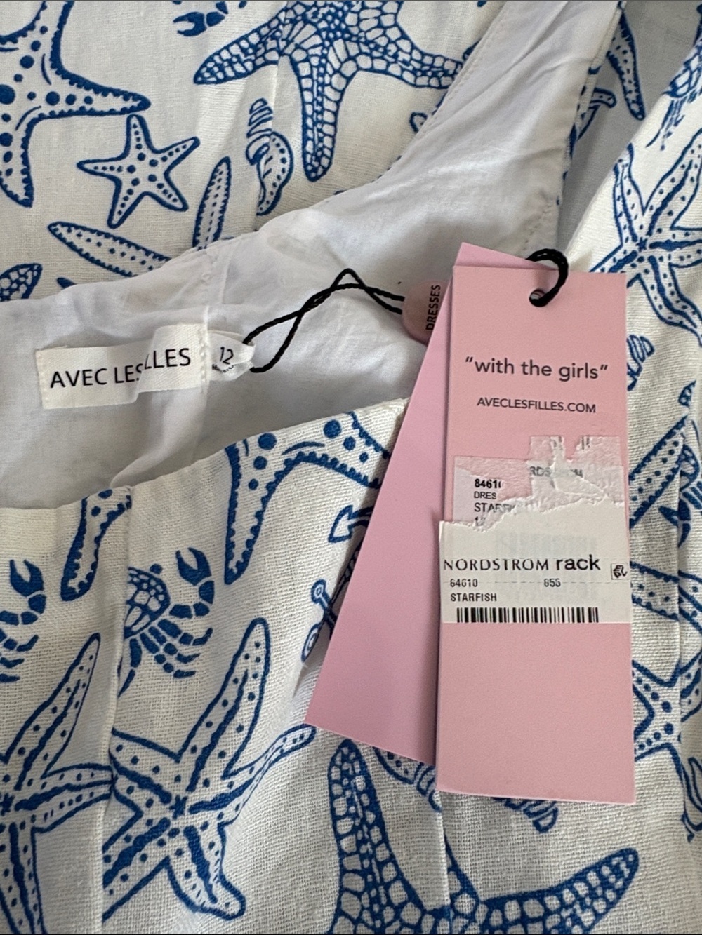 Avec Les Filles linen blend fit and flare mini dress coastal starfish blue white - Picture 13 of 16